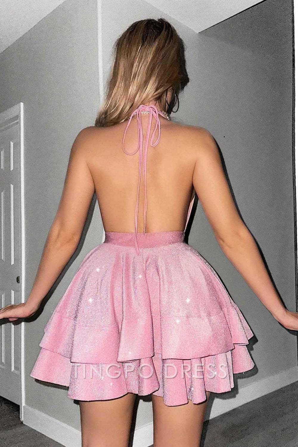 TingPo Wholesale Elegant Glitter Pink Halter Tiered A Line Short Homecoming Dress formal wear dresses